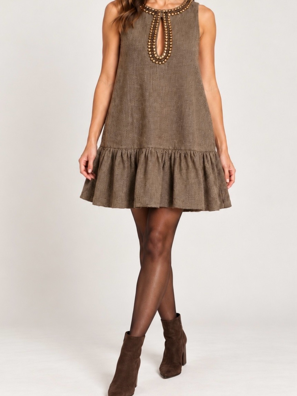Anthropologie NWT Brown Wool Blend Beaded Keyhole Drop Waist Mini Dress L